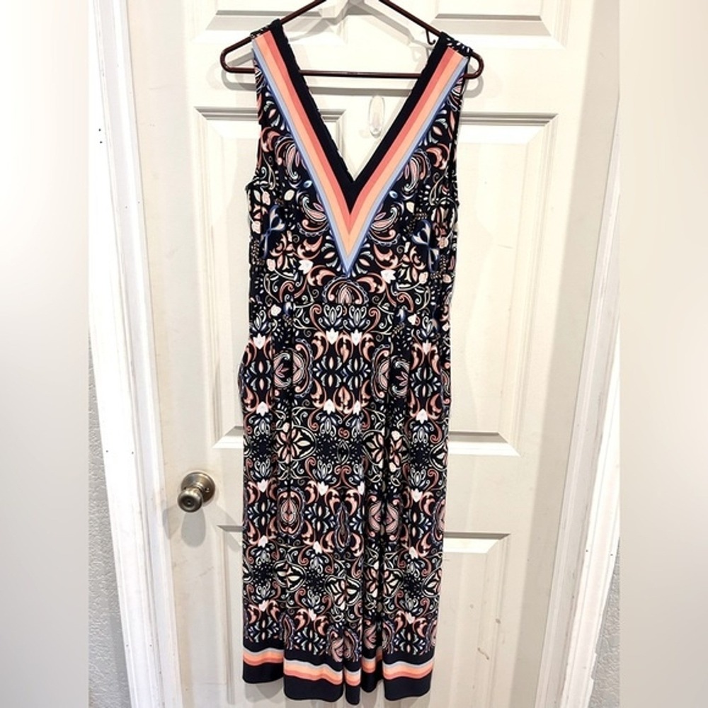 Vince Camuto Navy Blue Paisley Print Wide Leg V-Neck Jumpsuit Size 10 Dopamine